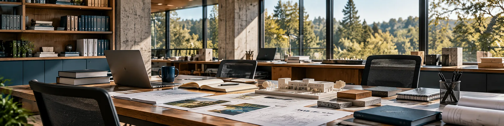 Ambiente institucional de pesquisa e desenvolvimento, com documentos, livros, computador e um modelo físico sendo elaborado sobre uma mesa de trabalho. Natureza visível pelas janelas.