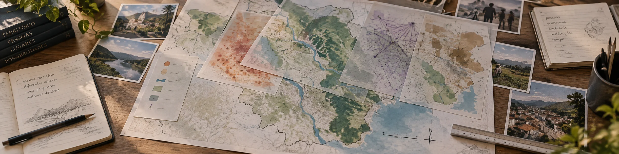 Mesa de leitura territorial com um mesmo mapa observado por camadas de ambiente, sociedade, economia, relações e tempo