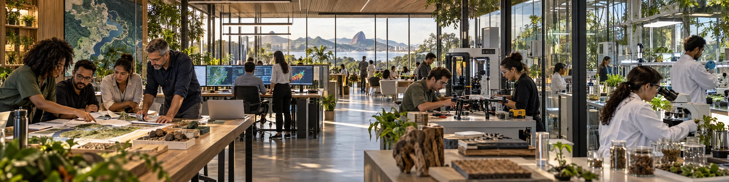 Ambiente integrado de P&D com equipes colaborando em análise, prototipagem e experimentação